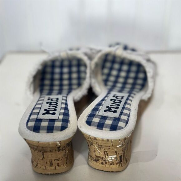 Y2K Mudd Gingham Wedge Sandals 7.5M Blue White Bow Cork Platform Coastal Cowgirl - Picture 5 of 7